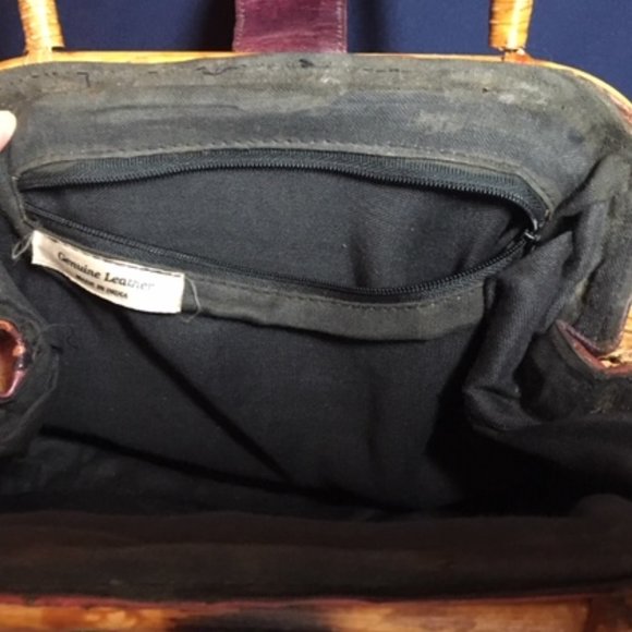 Leather w/ Leopard Safari Embossed Dyed Shantiniketan Stand Up Handbag - Picture 9 of 14